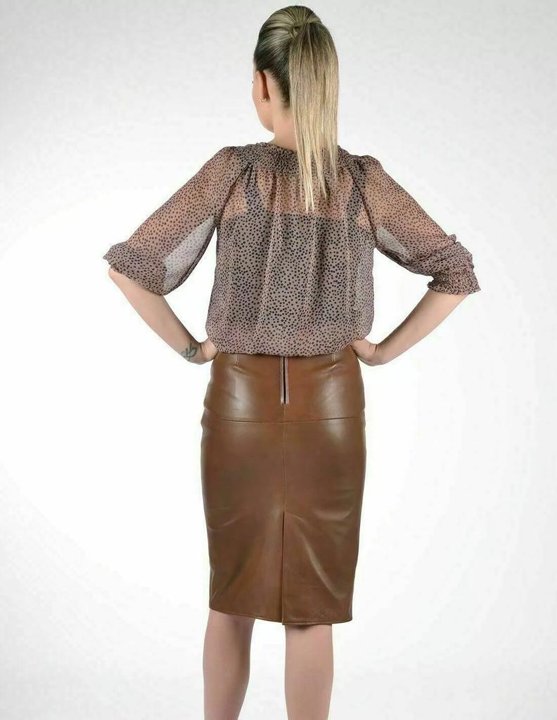 Brown Stylish Women's Leather Skirt Pure Soft Lambskin Handmade Elegant Formal