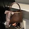Fashion Vintage Bucket Bag Women PU Leather Top Handle Bag with Checkered Scarf Bow Large Capacity Shoulder Bag for Daily Commute and Outings