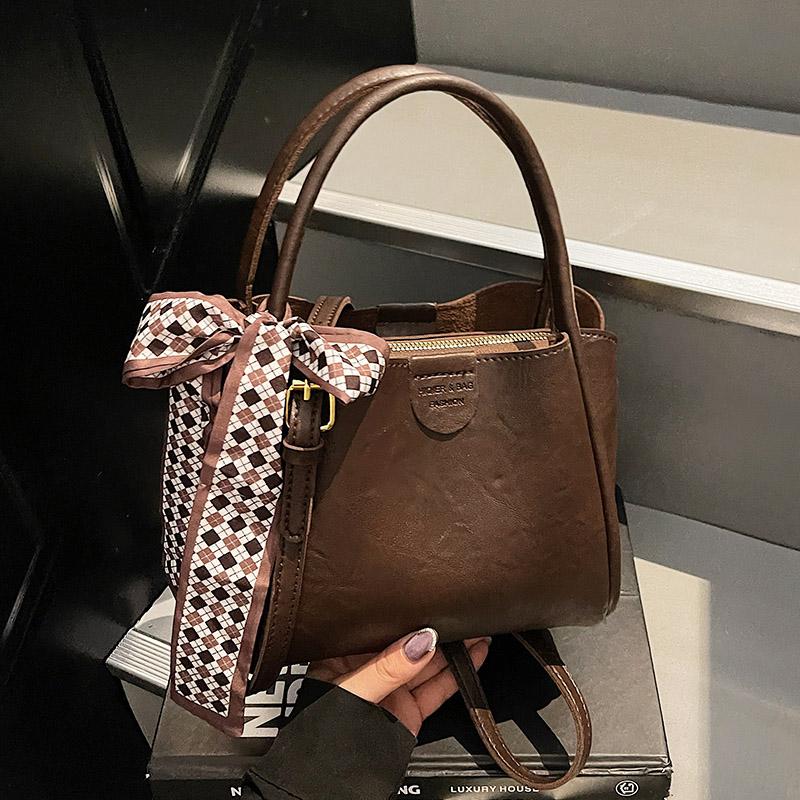 Fashion Vintage Bucket Bag Women PU Leather Top Handle Bag with Checkered Scarf Bow Large Capacity Shoulder Bag for Daily Commute and Outings