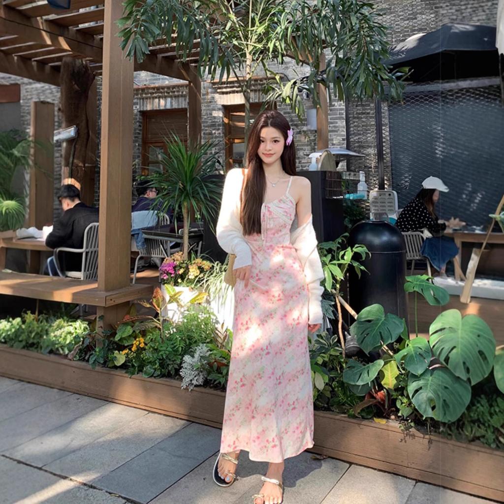 Summer Floral Suspender Long Dress Women's Early Spring New Lace Splicing French Waist Long Dress Beach Skirt