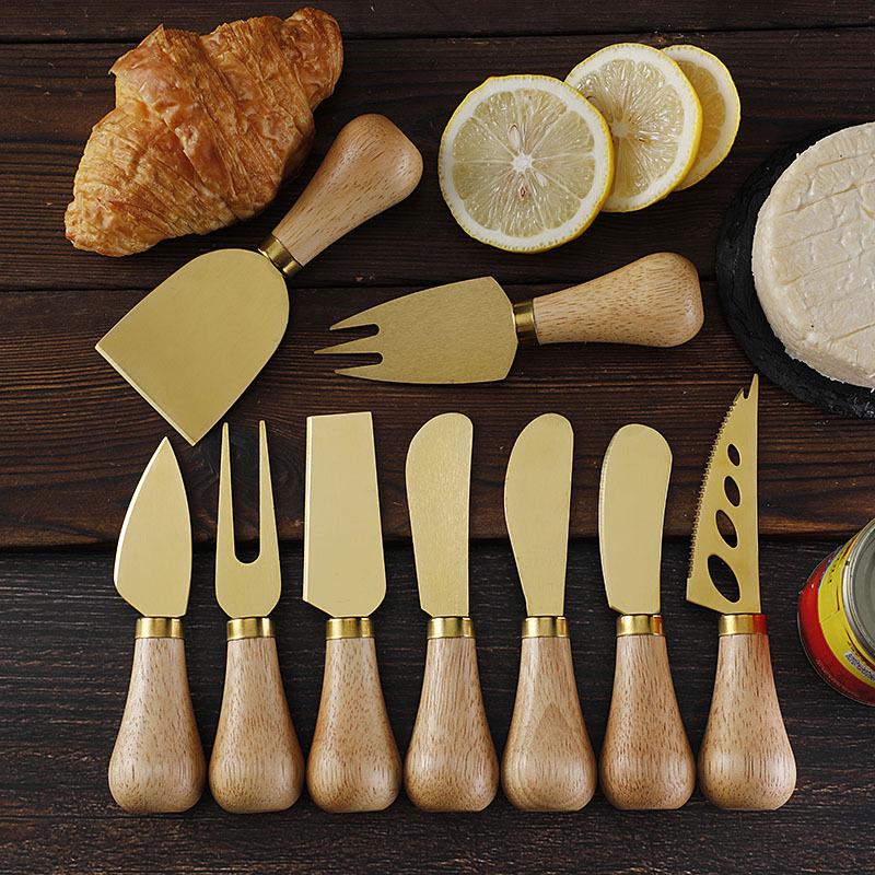 Gold Stainless Steel Cheese Knife Set with Rubber Wood Handle - Includes Cheese Knife, Tableware Knife, and Fork