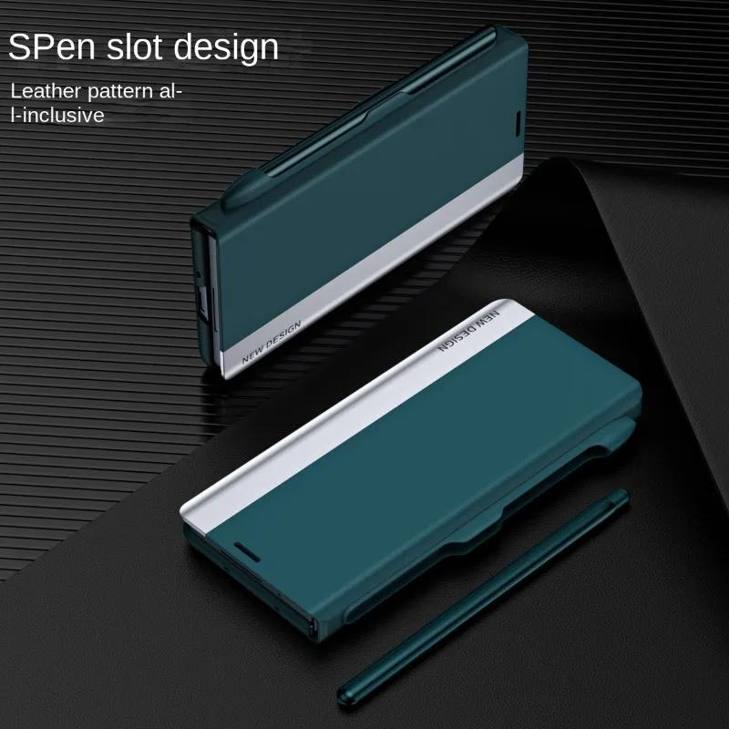 Leather Electroplating Holder Pen Slot Tape Phone Case for Samsung Galaxy Z Fold 6 5 4 3 Fold5 Fold4 Fold3 Magnetic Flip Cover