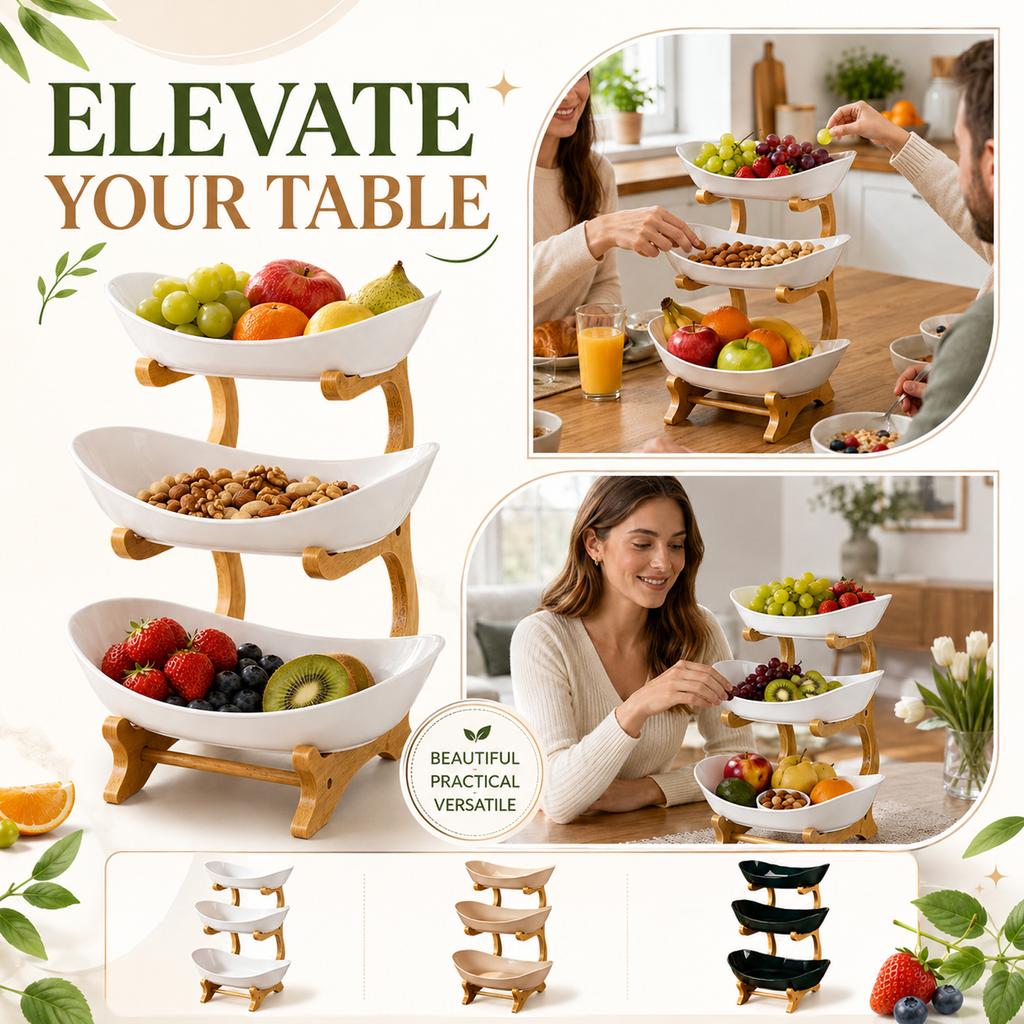 Three Tier Bamboo Fruit Basket Stand Wooden Kitchen Countertop Organizer Tray Display Rack for Fruits Vegetables and Snacks