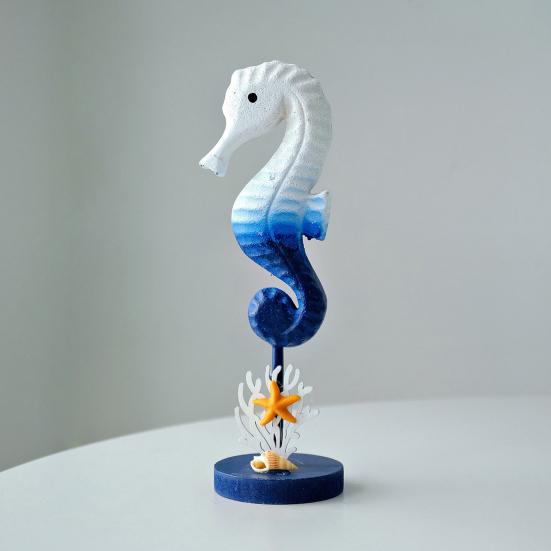 Wooden Seahorse Ornament with Round Base Rustic Seashell Starfish Seahorse Figurine Home Coastal Beach House Decoration