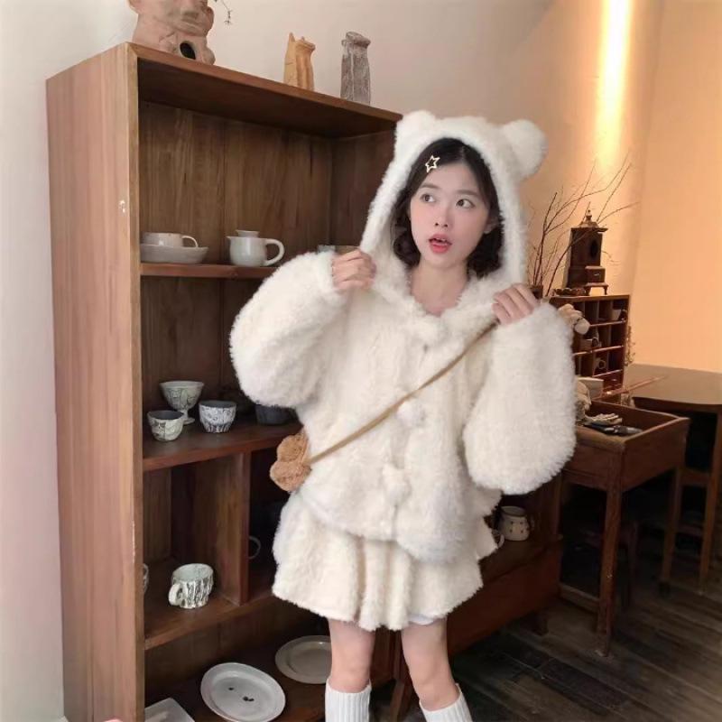 

Women s Winter Soft Girl Suit: Plush Bear Ears Hooded Jacket & Slimming Short Skirt L