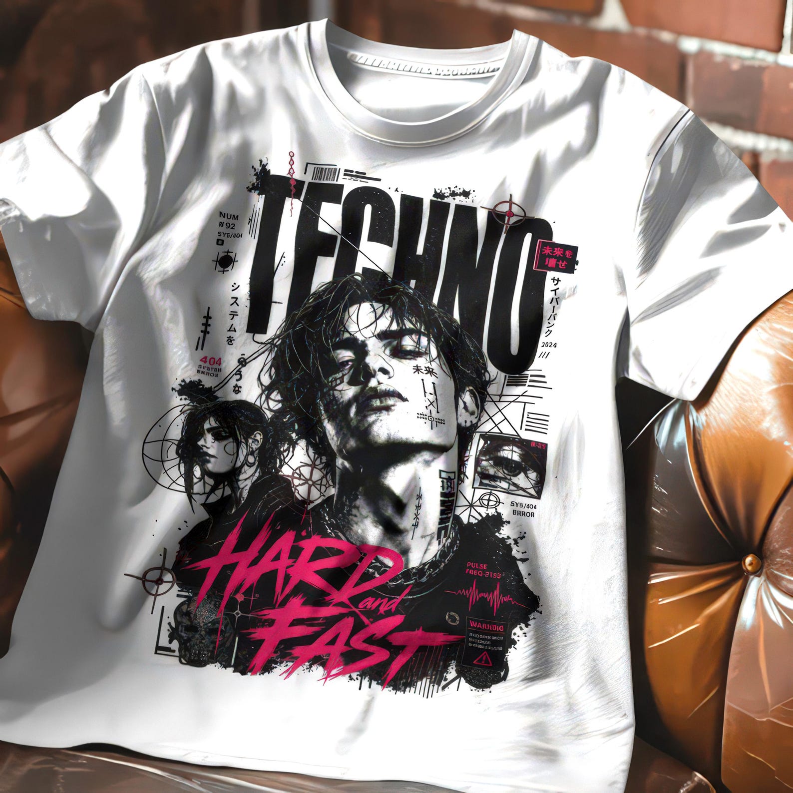 Hard Techno Shirt Men with Industrial Rave Print and Dystopian Graphic Clubwear S