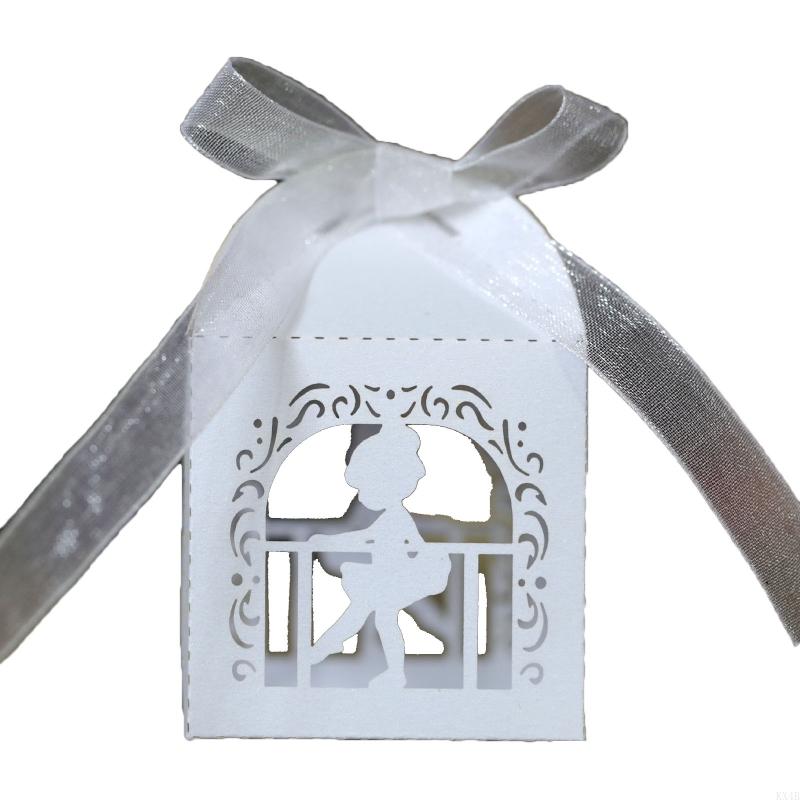 KX4B 100pcs Angel Dancing Pearl Paper Hollow Cut Favor Gift Candy Box Storage with Ribbon Decoration Baby Shower Wedding Party