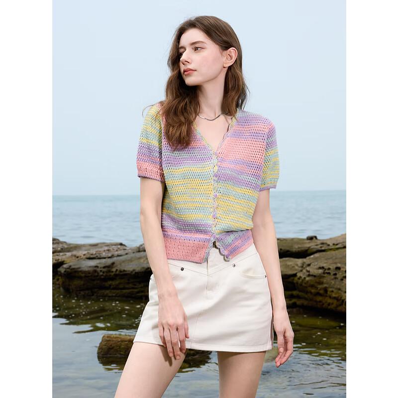 

Sancai 2025 Summer Wave V-Neck Gradient Hollow Knit Cardigan S 155/80A