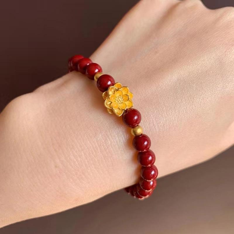 Alluvial Gold Lotus Cinnabar Bracelet Lotus Pendant Sandalwood Cinnabar Golden Balls Bracelet Buddha Art Gift Jewelry Bracelet