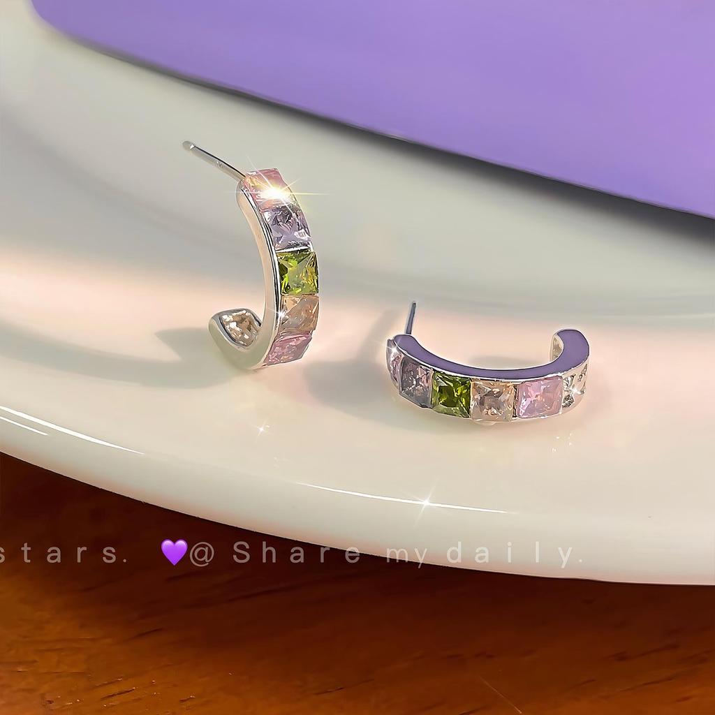 Silver Needle Zircon C-Shaped Hoops: Stylish Women's Square Stud Earrings