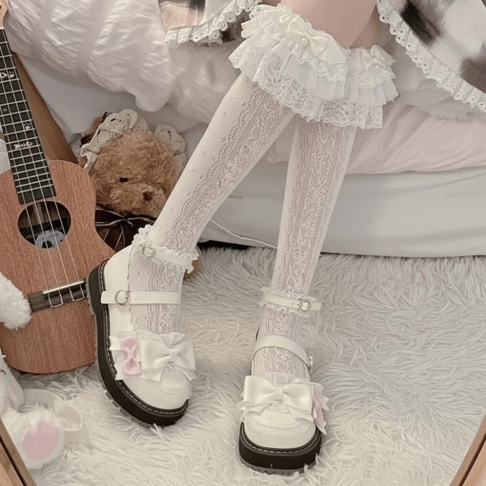 1 Pair Milk White Lace Knee Socks Multi Layer Lace Ladies Socks Sweet Long Cotton Socks Lolita