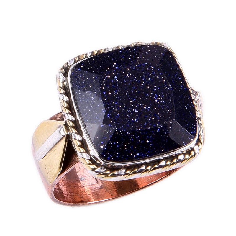 Natural Blue Sunstone Gemstone 925 Solid Silver Jewelry Two Tone Ring S.7US S7j45