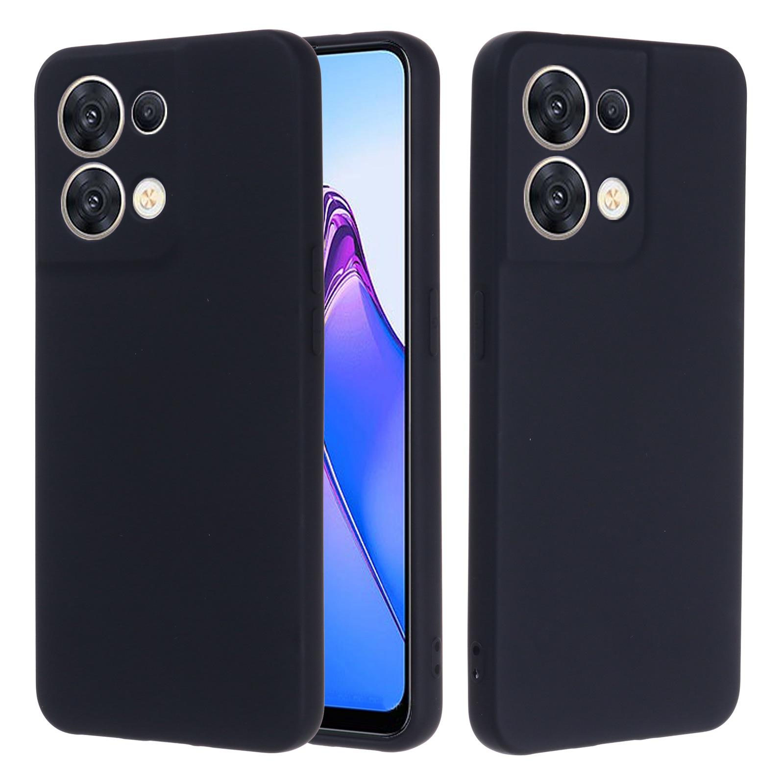 

For Oppo Reno8 5G (Global Version) Soft Liquid Silicone Case Anti-Fingerprint Anti-Scratch Fiber Lining Camera Protective Phone Cover with Strap Black