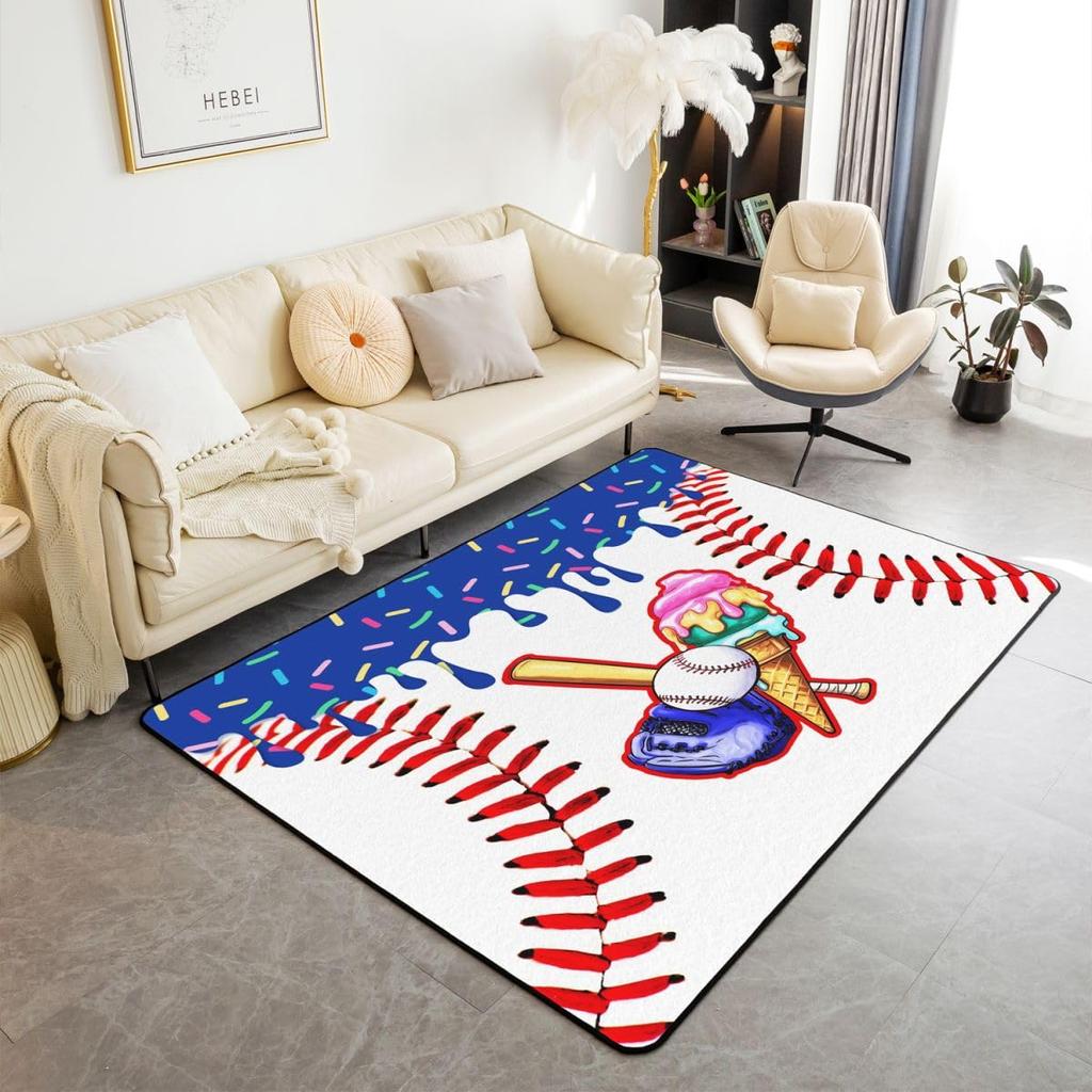 Erosebridal Navy Blue Baseball Ice Cream Area Rug 4'11" X 3'3" Ice Cream Drip Living Room Rugs Non Slip Baseball Glove Decorative Carpets Cu
