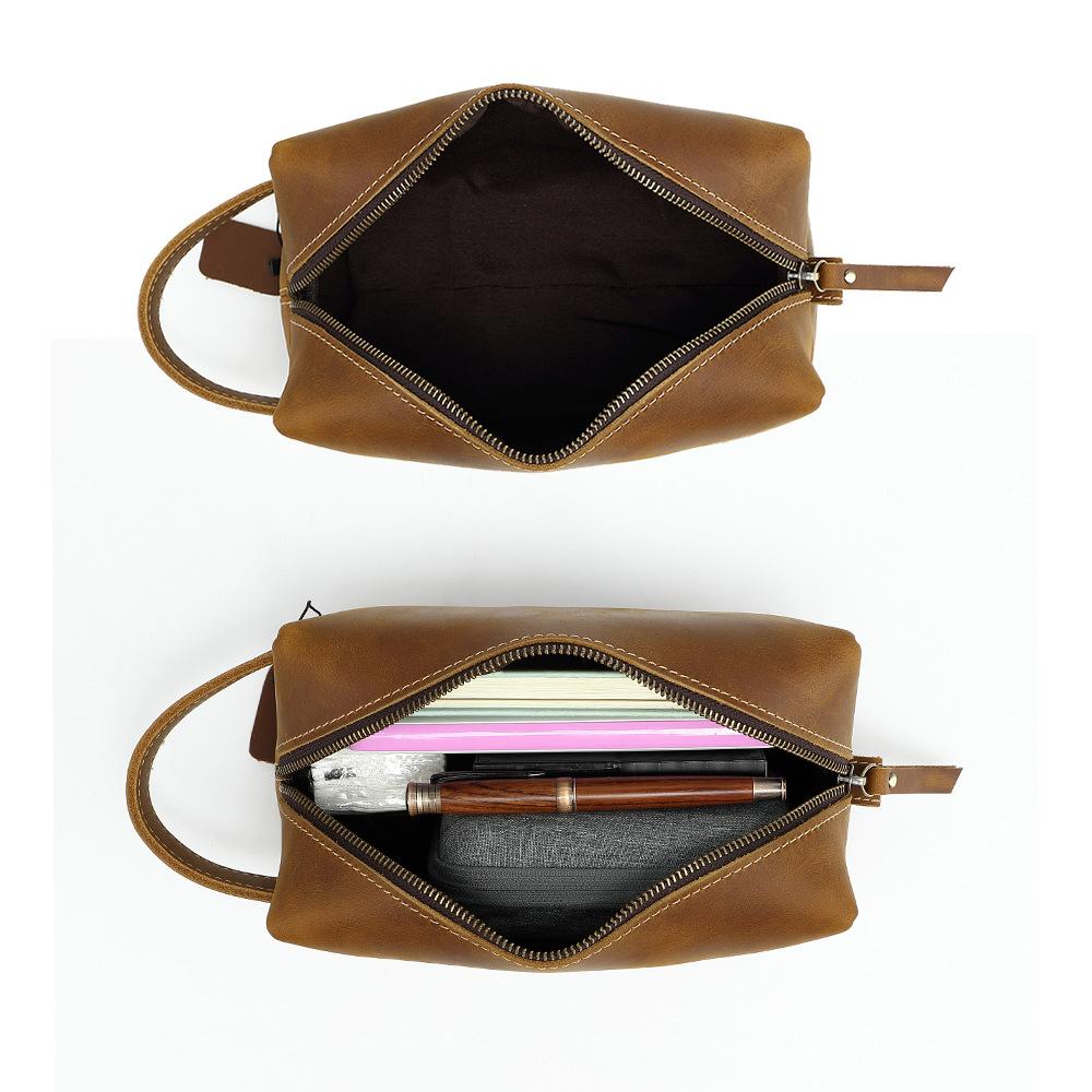 Genuine Leather Wash Bag with A Leather Top Layer, Cowhide Storage Bag, Retro Men's Handbag, Wear-resistant Cowhide Bag