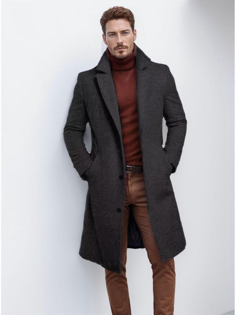 2025 European Men's Woolen Mid-Length Single-Breasted Fashion Overcoat