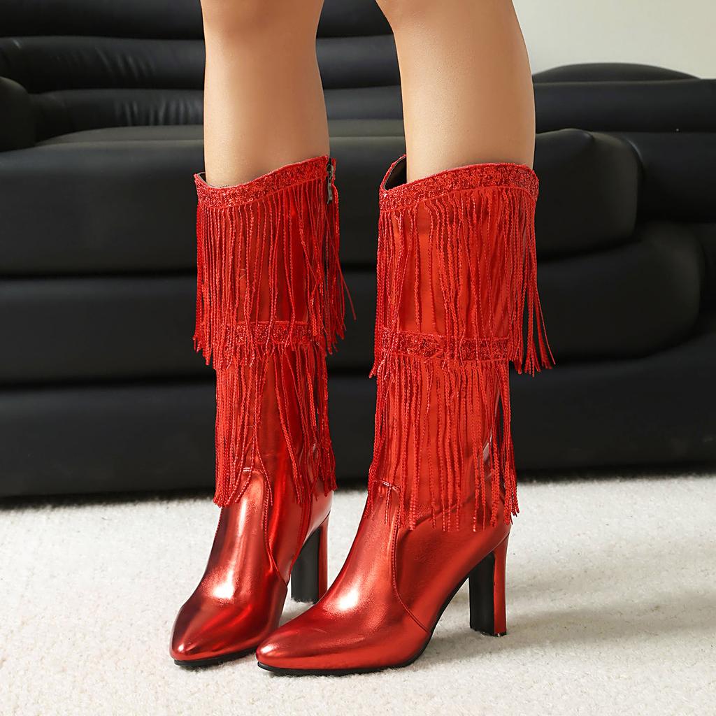 Damen High-Heel Stiefel Herbst und Winter neu Europäische und amerikanische Stiefel mit dickem Absatz und Fransen Übergröße mittelhohe Stiefel
