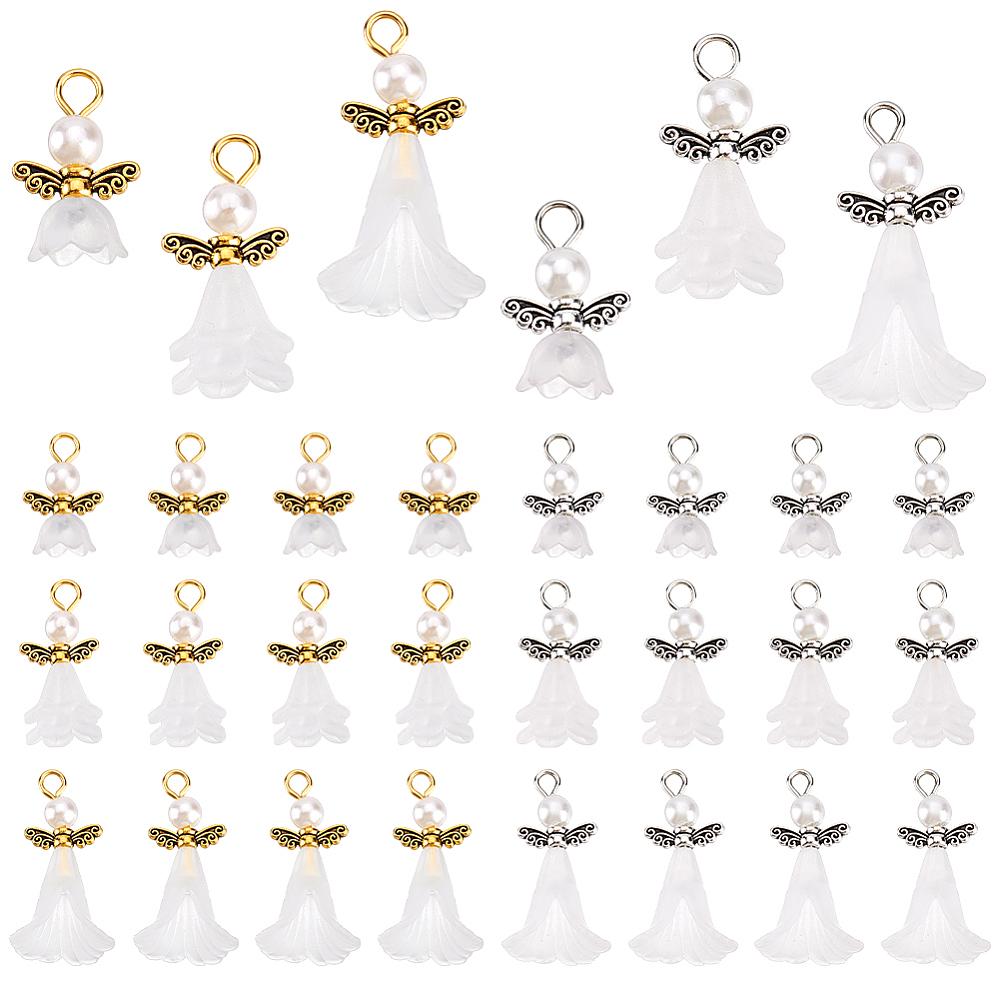 48Pcs 6 Color ABS Plastic Imitation Pearl & Alloy Pendants Angel with Iron Findings White 12~33mm 8pcs/style