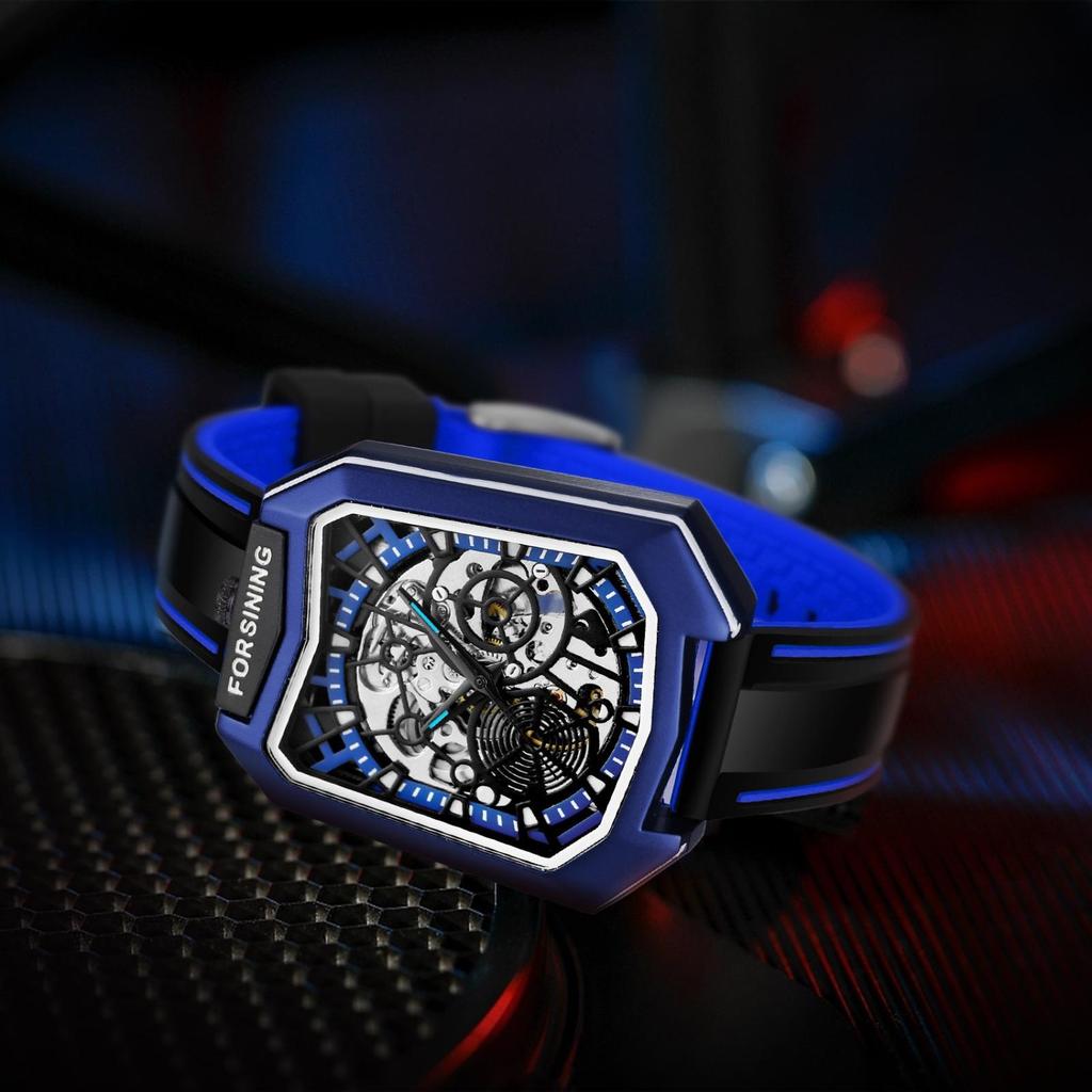 Trendy Unique Skeleton Mechanical Watches Rubber Strap Sports Wrist Watch Creative Square Hollow Automatic Mechanical Watch