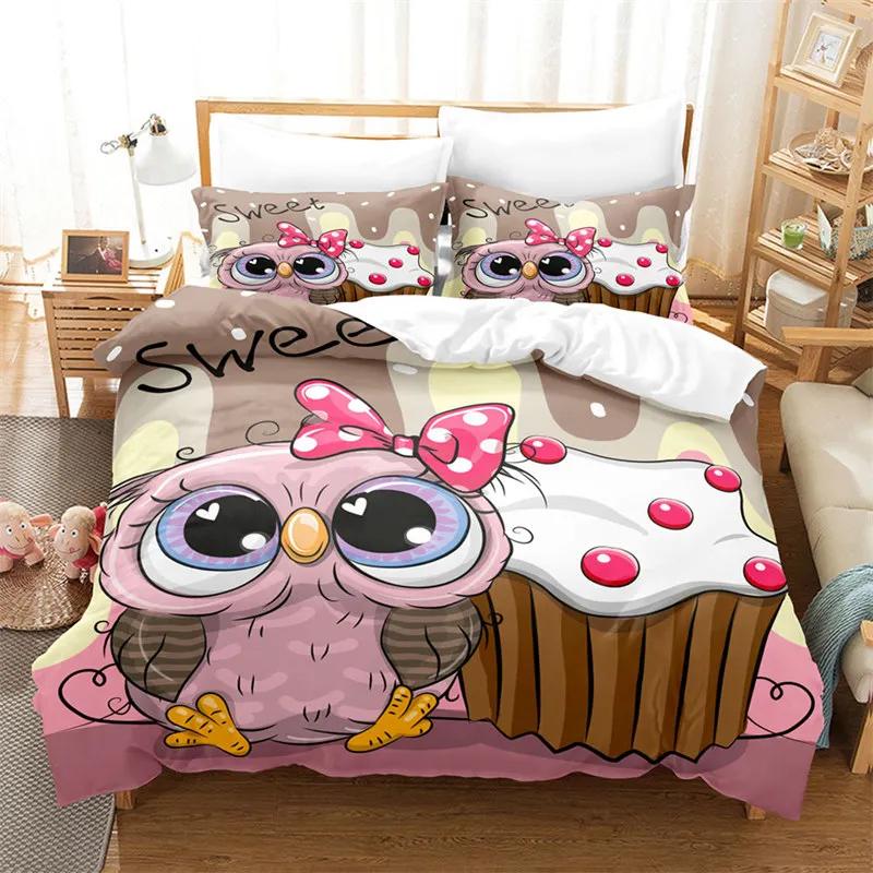Cartoon Owl Duvet Cover Set Fashion Cute Animal Bedding Set Soft Microfiber Print Comforter Cover Decorative Kids Children Room