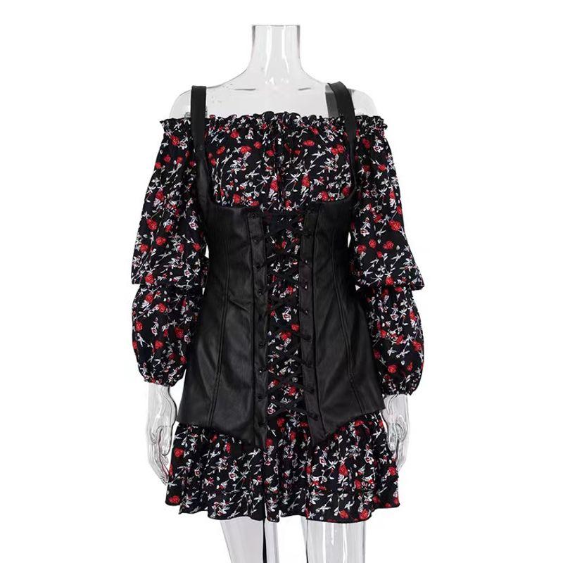 

Fashion Long Sleeves Floral Print Dress with Vest Waist A- line Dress Matching Vest Floral Dress Black (with vest) M