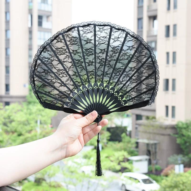 Mengyilian Black Chinese Style Lace Folding Fan Han Chinese Clothing Cheongsam Ju Jingyi Dance Handheld Women's Retro Style Fan