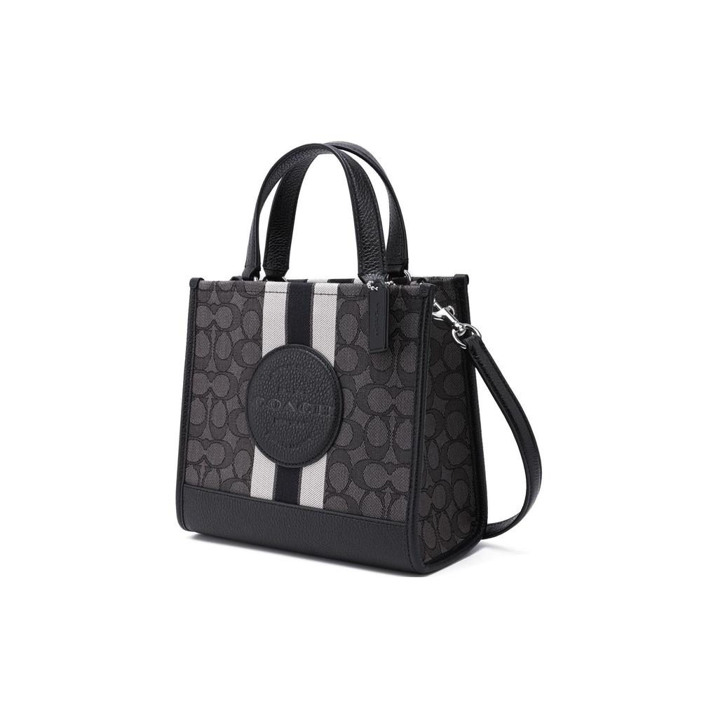 Coach Dempsey 22 Monogram Stripe Logo Decor Fabric With Leather Tote Bag Women tote Black CQ878-SVRT6