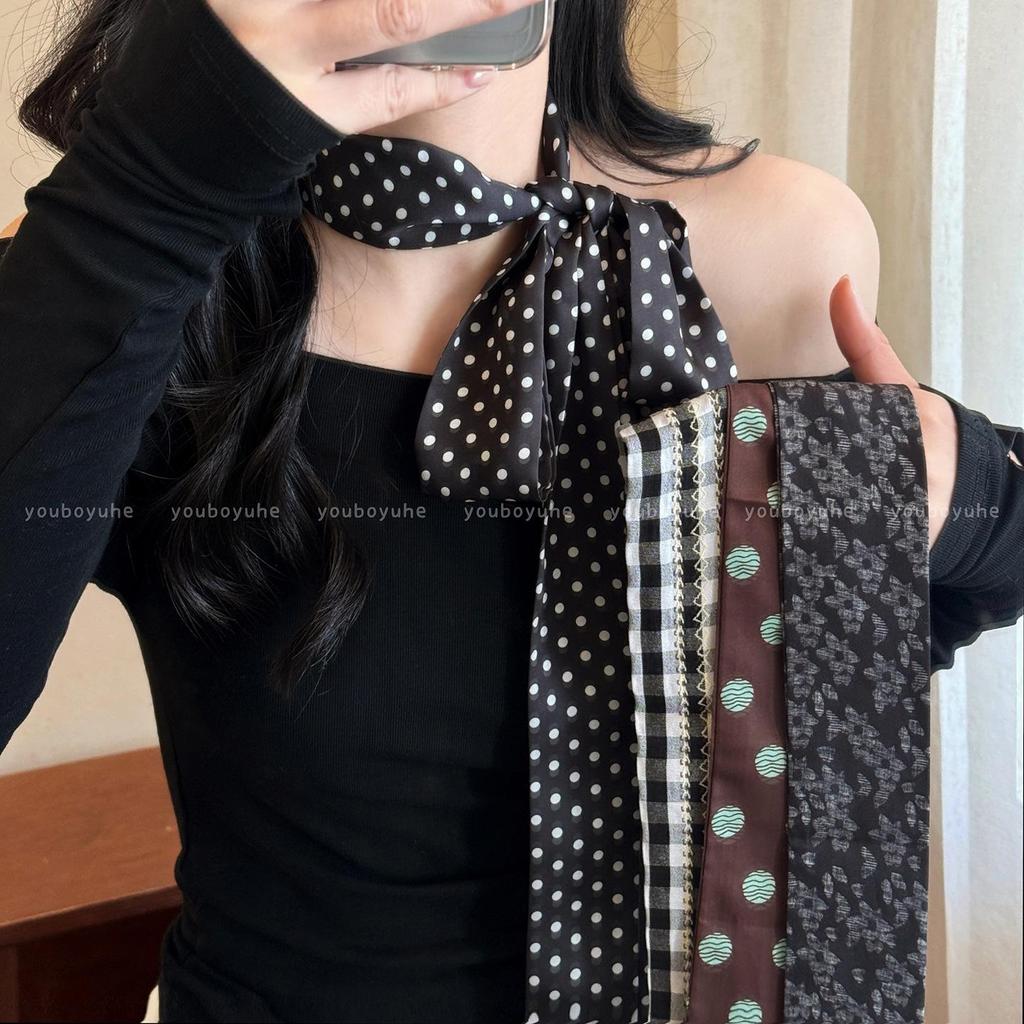 Korean Polka Dot Silk Scarf: Black & White Long Ribbon for Women