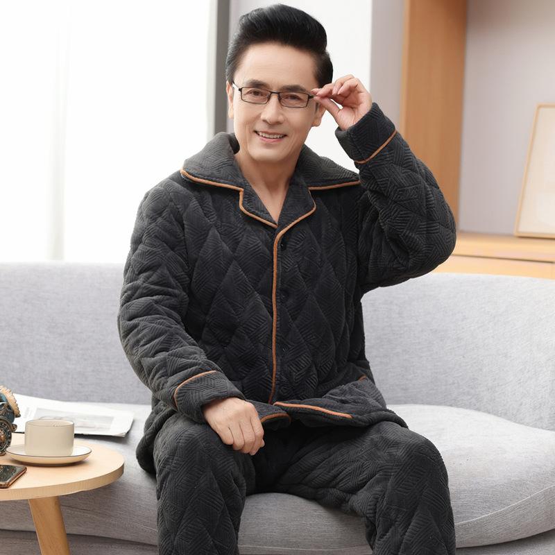 Winter Coral Fleece Men's Pajamas Three-layer Thick Quilted Middle-aged and Elderly Grandpa Flannel Home Service Padded Jacket Suit