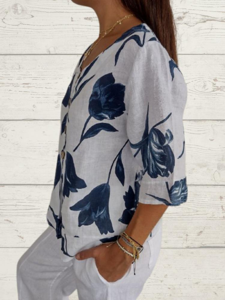 New Printed Cotton and Linen V-neck Short-sleeved Pullover Shirt Spring and Summer Casual Jacket