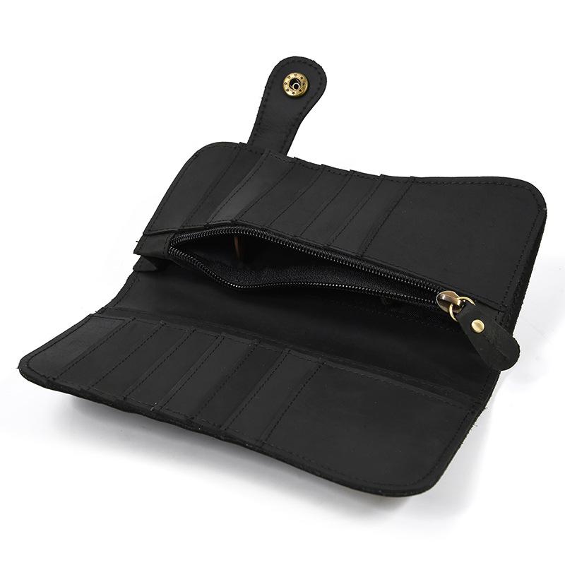 Men'S Leather Wallet Crazy Horse Leather Iron Chain Anti-Theft Long Wallet Multi-Card Wallet Mobile Phone Change Bag