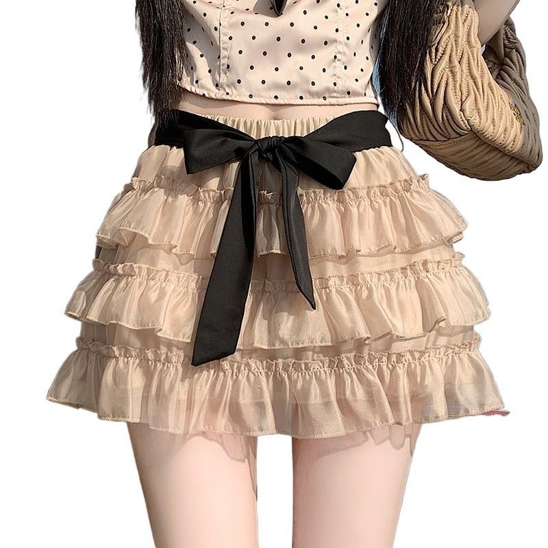 Bow Tie Tulle Tiered Mini Skirt High Waist A-Line Fluffy Cake Skirt QT2881