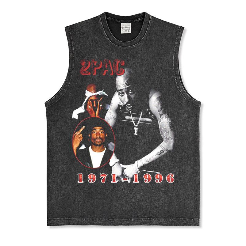 Canotta Senza Maniche Tupac Grafica Retro High Street Cotone Pesante