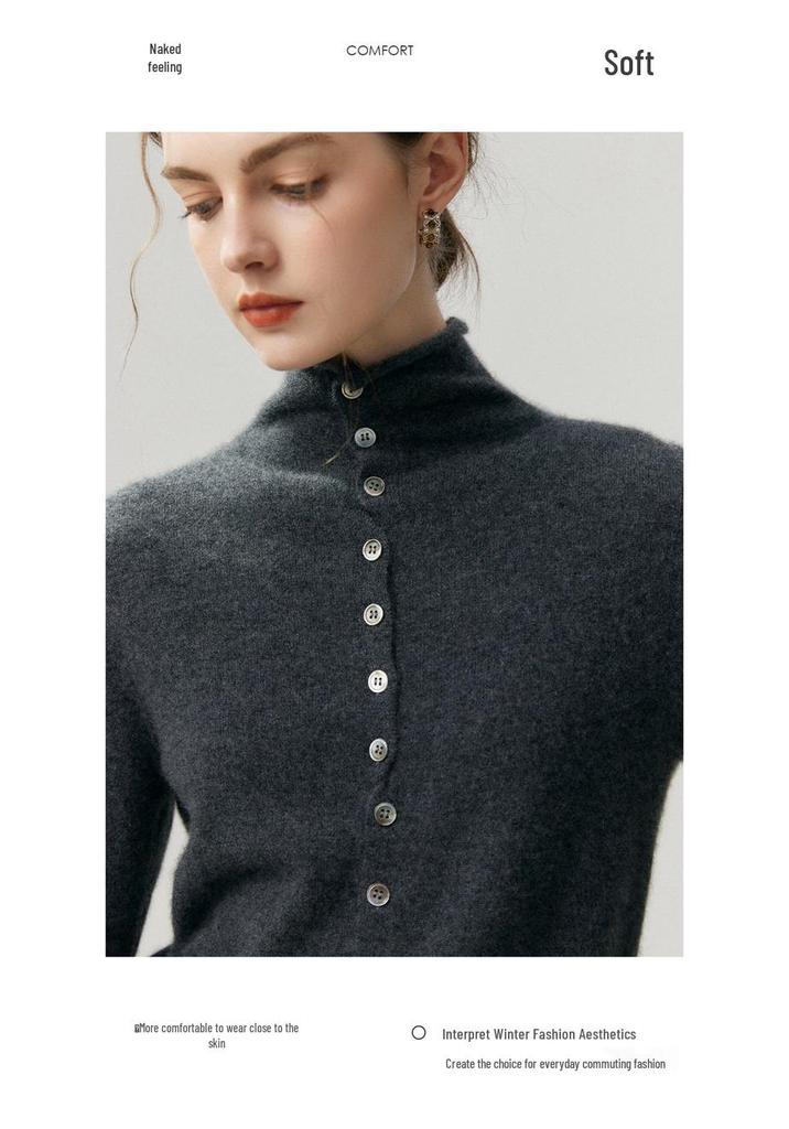 High Neck Cashmere Cardigan: Autumn/Winter Button-Up Rolled Hem Knitwear Sweater for Women.