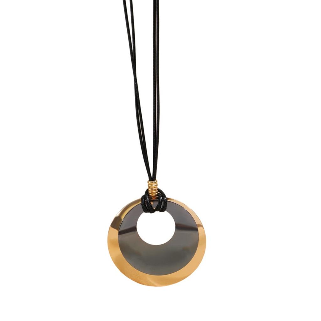 Two Tone Circle Pendant Necklace Black Cord Statement Jewelry