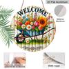 2D Flat 1pc, 8x8 in, Rustic Garden Welcome Sign with Vintage Unicycle & Colorful Flowers - Durable Aluminum Metal Wall Art for Outdoor Patio, Garage