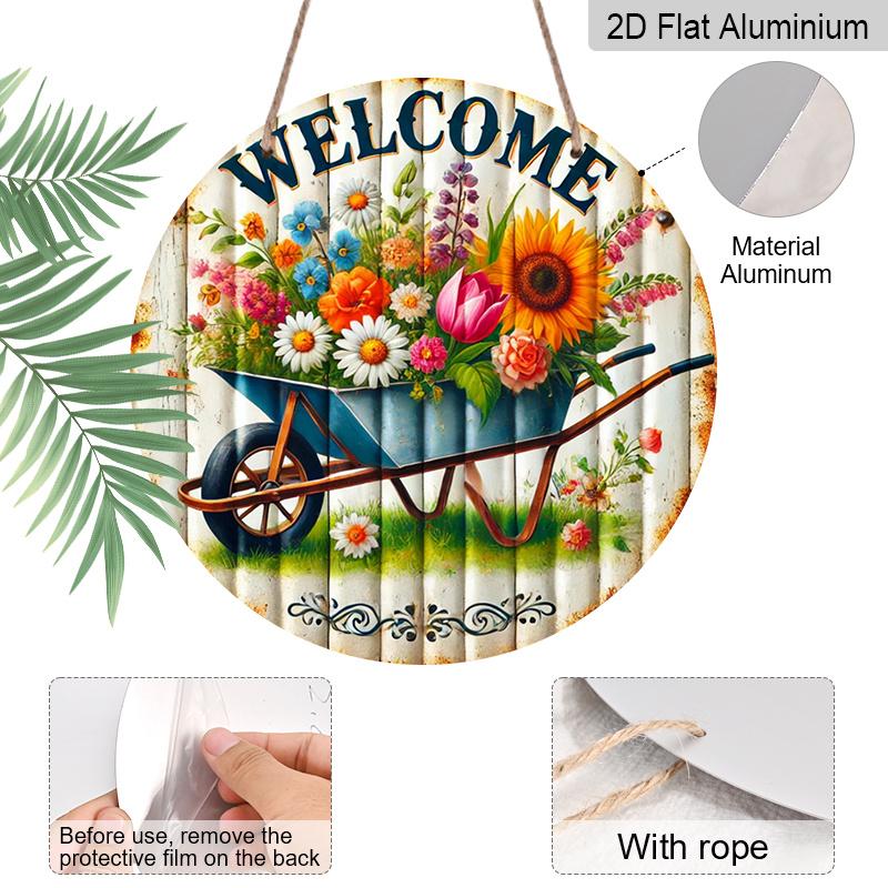 2D Flat 1pc, 8x8 in, Rustic Garden Welcome Sign with Vintage Unicycle & Colorful Flowers - Durable Aluminum Metal Wall Art for Outdoor Patio, Garage