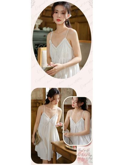 Court Style Lace Camisole Nightgown with Bra Pads - Sexy Cotton Long Sleep Dress for Women