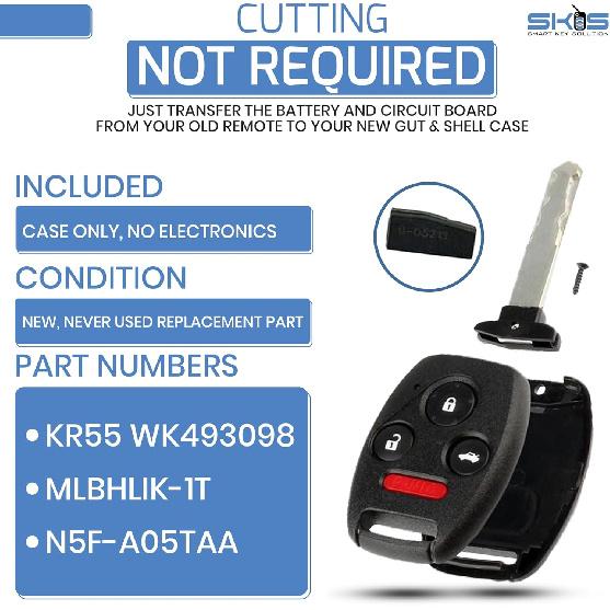 

Cutting NOT Required - 4B Key Fob Keyless Entry Remote Shell Case & Pad fits Honda 2003-2012 Accord / 2006-2013 Civic EX / 2009-2015 Pilot /2005-2006