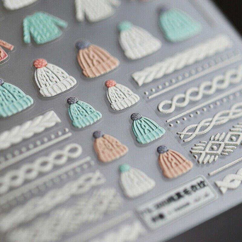 Decals Nail Sweater Cloth 5D Nail Stickers Embossed Winter Knit Art Decorati