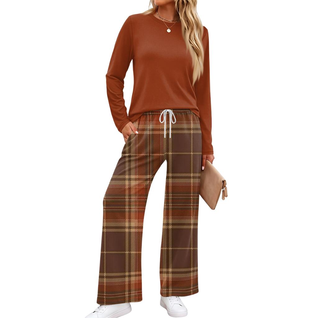 Women's Casual Pajama Set with Pockets Long Sleeve Printed Round Neck Loose Fit Loungewear