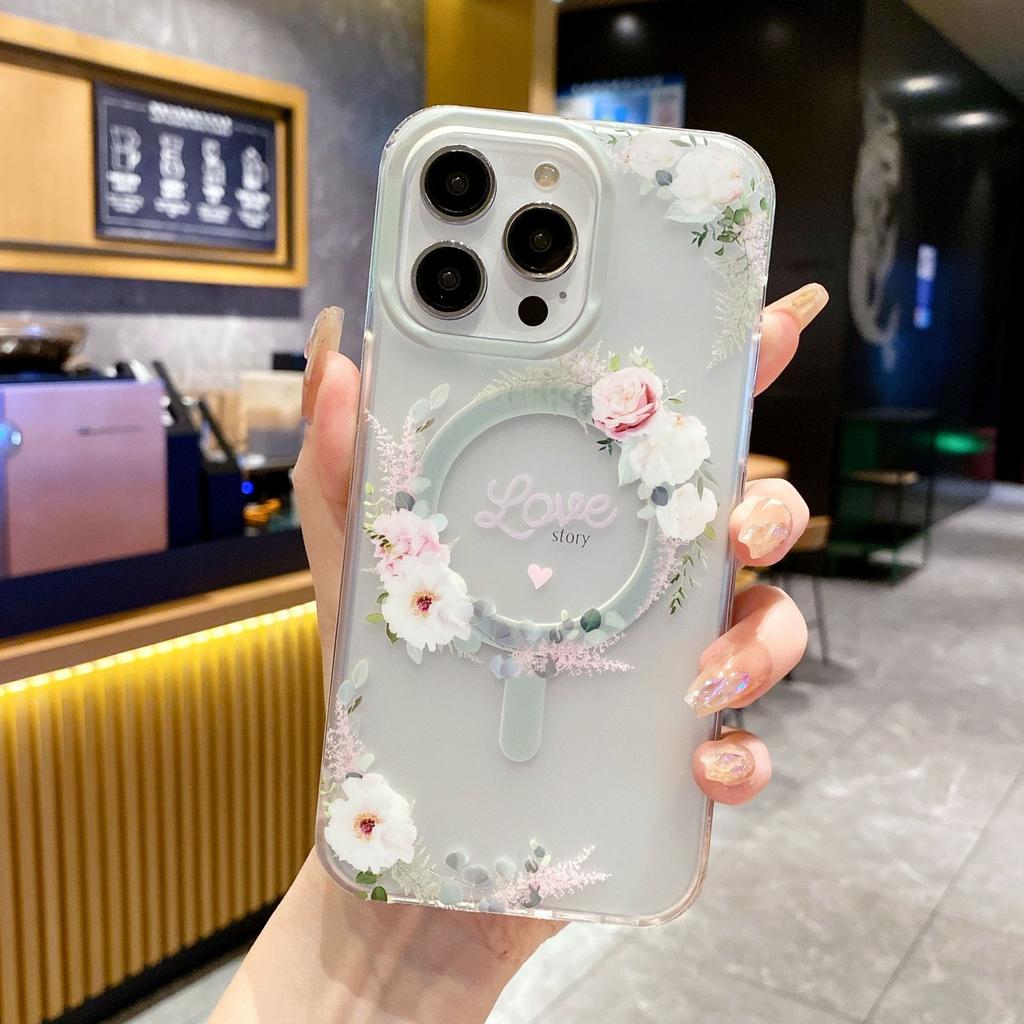 Applicable To IPhone 16 Mobile Phone Case Small Fresh Flowers Apple 15promax Powerful Magnetic Absorption and Anti-fall