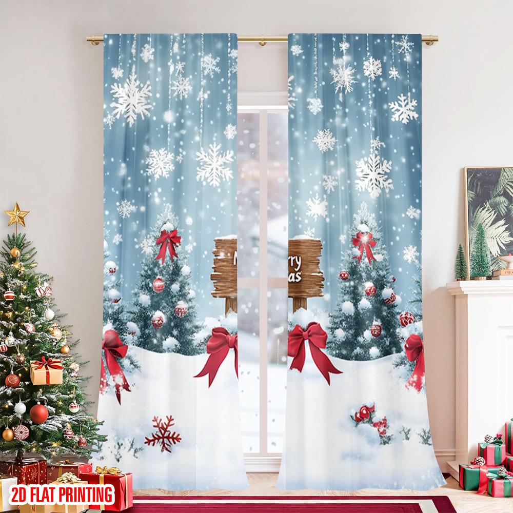 2pcs 2D flat printing Merry Christmas Party Curtains Christmas snow forest scene Durable Polyester Without Electricity Party