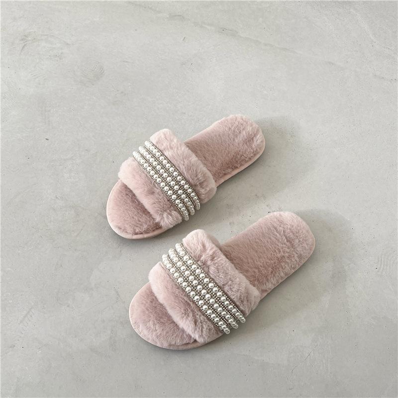 Cotton Slippers Women's Winter New Pearl Indoor Ins Home Household One-word Warm and Non-slip Maternity Plush Slippers