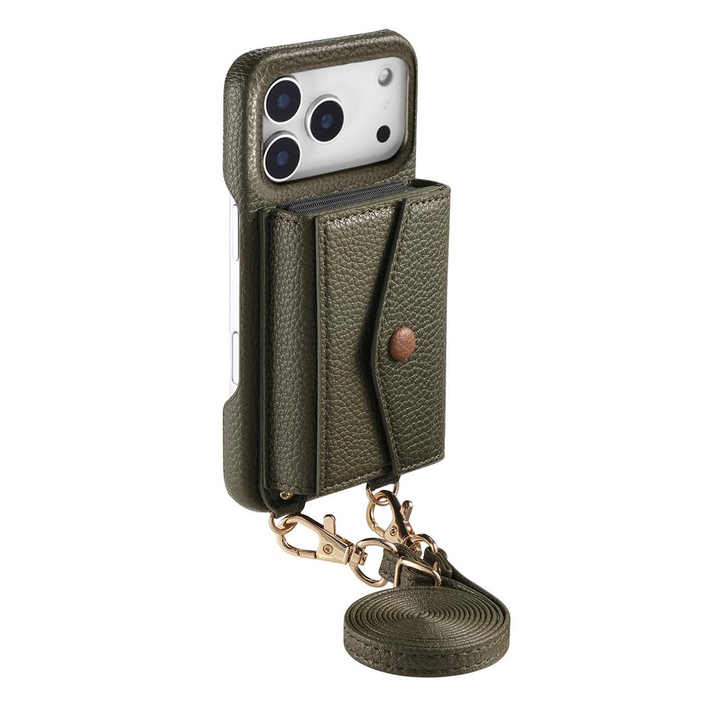 For iPhone 17 Pro Case Card Holder Kickstand PU Leather + PC Phone Cover with Mirror and Crossbody Lanyard