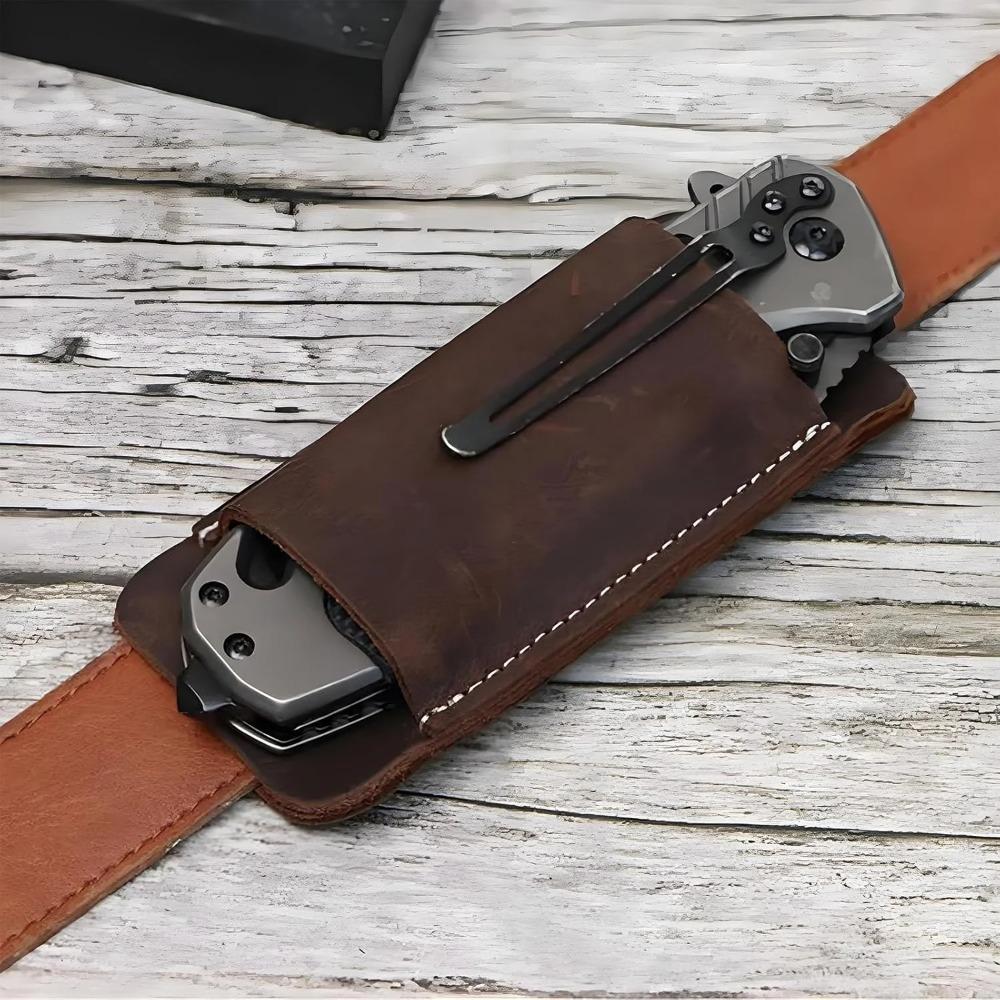 Funda de Cuero Vintage Europea para Cuchillo Changmai con Pinza para Cinturón Horizontal - Almacenamiento de Bolsillo Hecho a Mano para Hombre, Funda Plegable de Cuero para Navaja