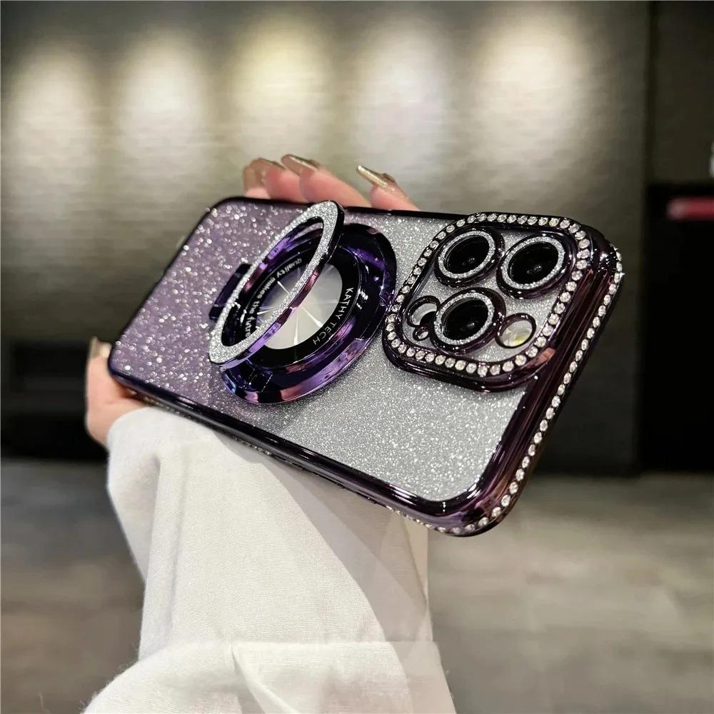 Rhinestone suitable for iphone16 mobile phone case Apple 15 magnetic electroplating with bracket glitter 17 all-inclusive silicone 11 sets