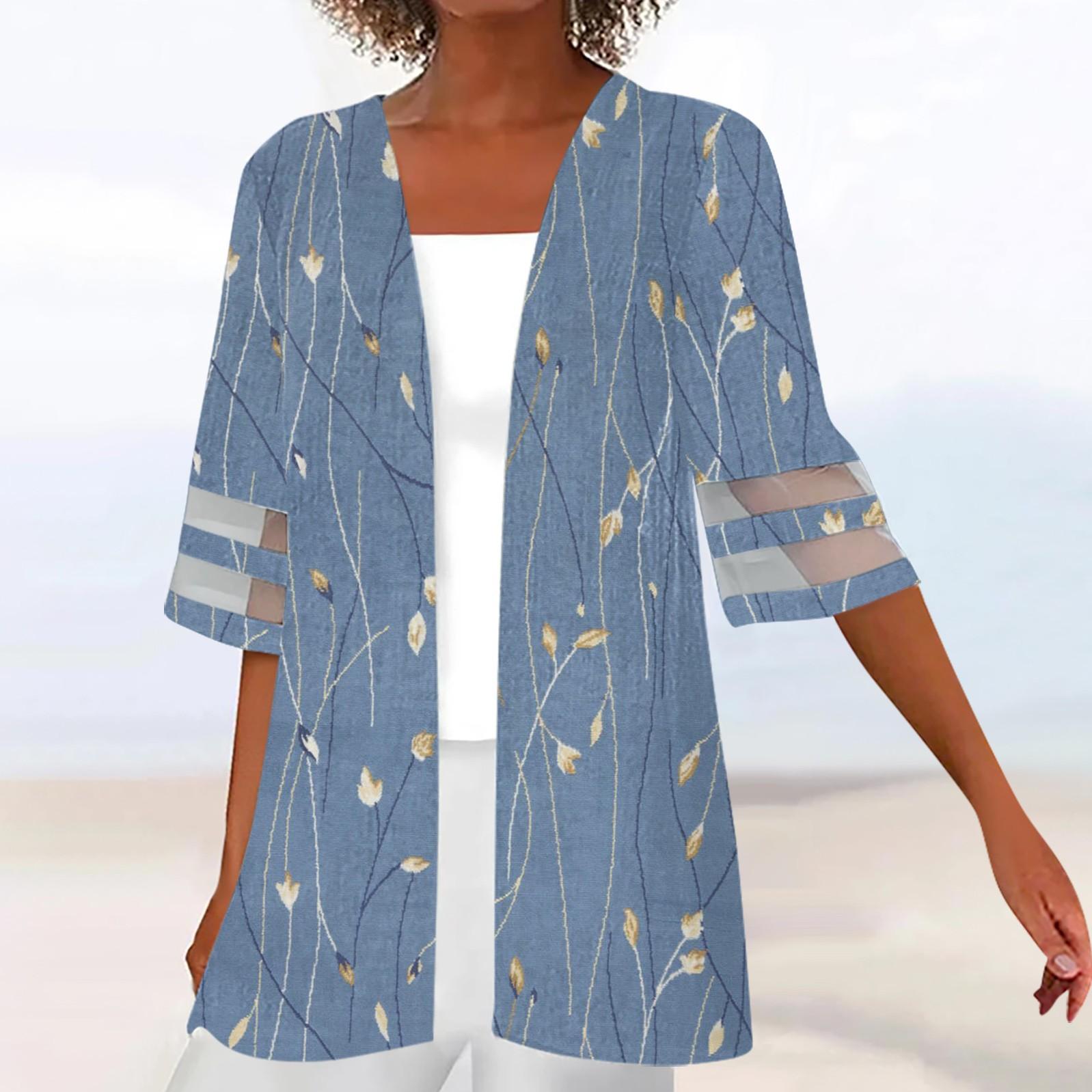 

Женская повседневная модная легкая куртка средней длины с принтом в стиле ретро и половиной рукава, кардиган XL синий