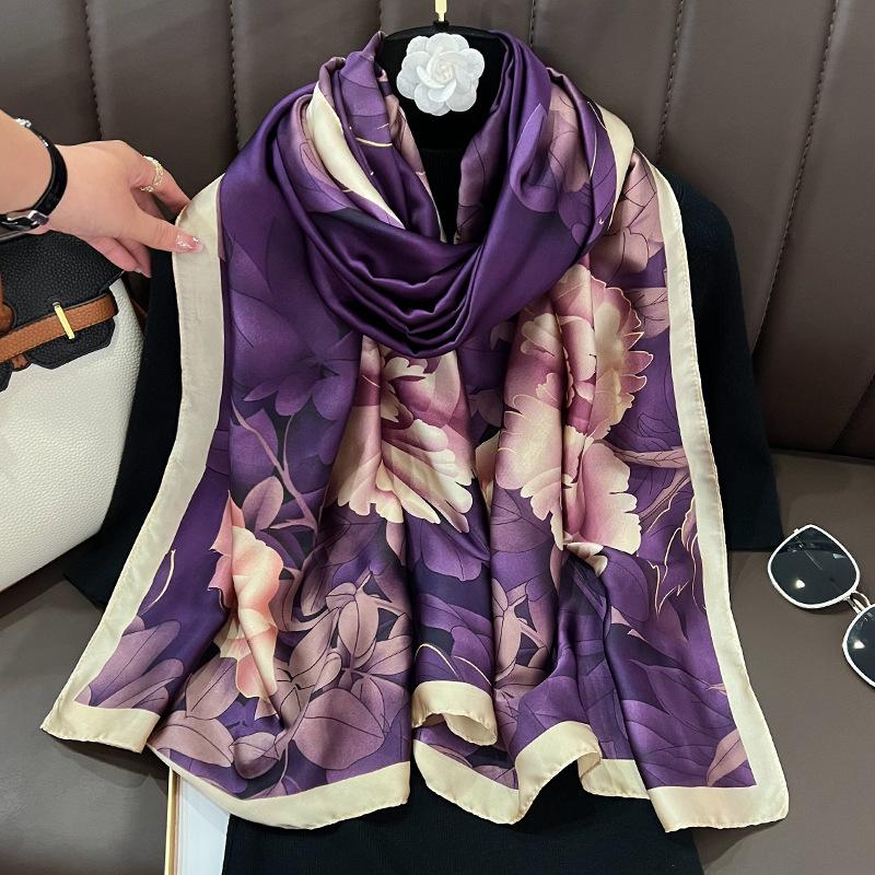 Autumn and Winter New Beautiful Brocade Silk Silk Satin Simulation Silk Foreign Silk Scarf High Fashion Versatile Sunscreen Shawl Scarf