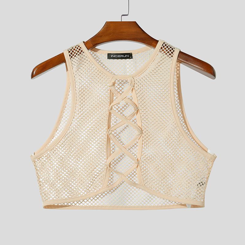 INCERUN Men Sleeveless Hollow Webbing See Through Cropped Tank Tops